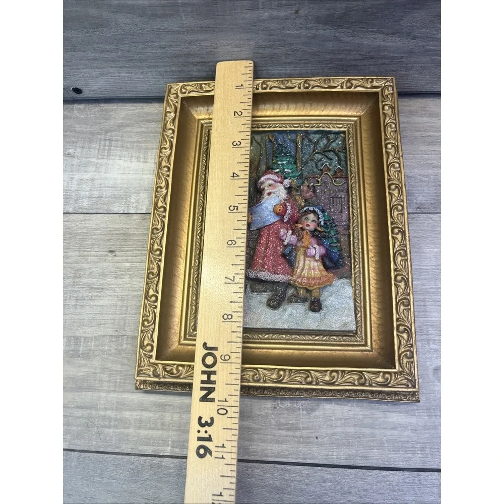 Santa Little Girl In The Snow Christmas Tree Gold Framed Vintage 3D Picture